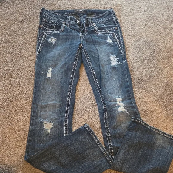 Aiko Distressed Boot Cut Jeans in Blue - Picture 2 of 8